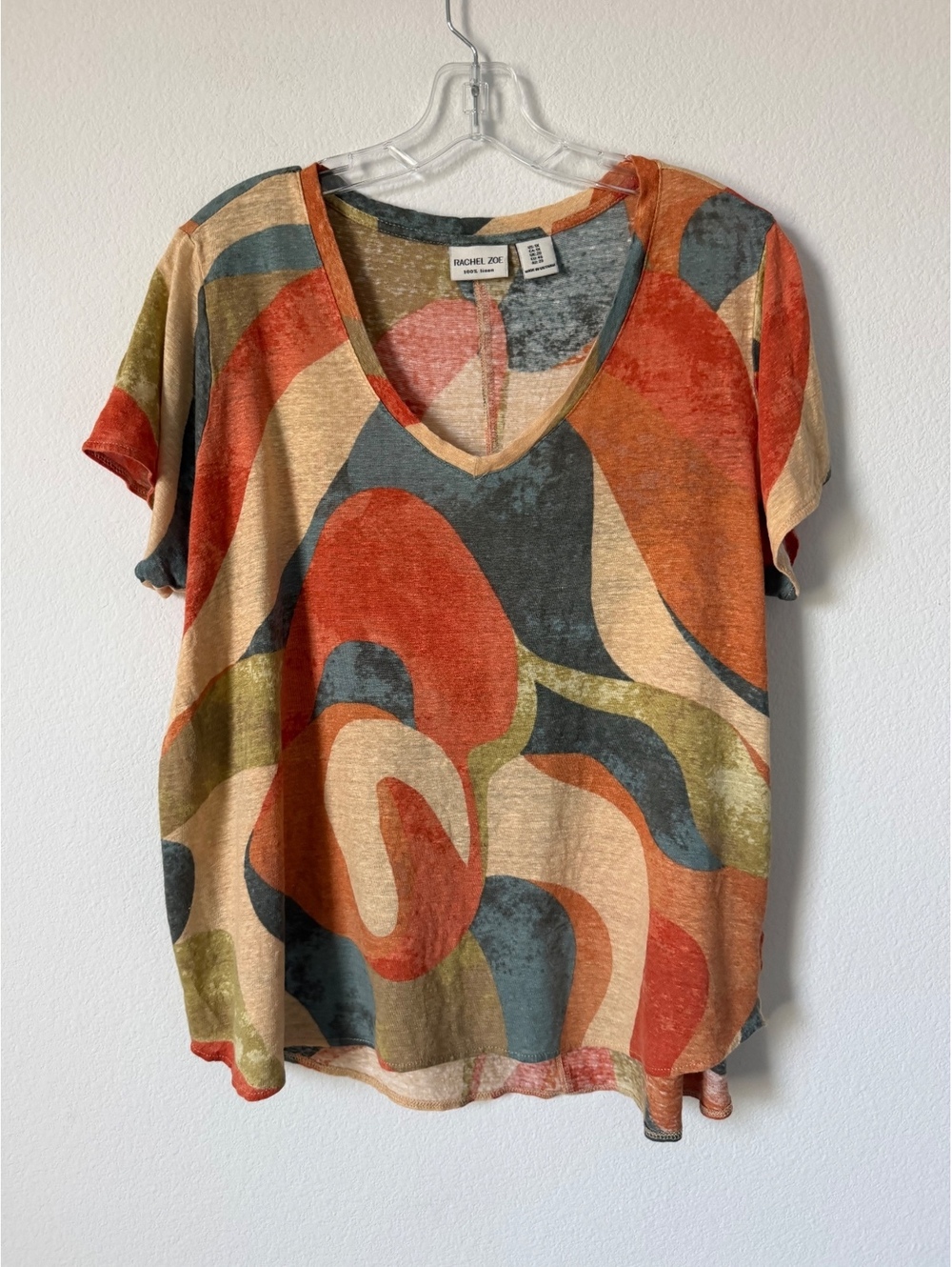 Rachel Zoe 100% Linen Short Sleeve V-Neck Multicolor Geo Vacay T-Shirt Size 1X